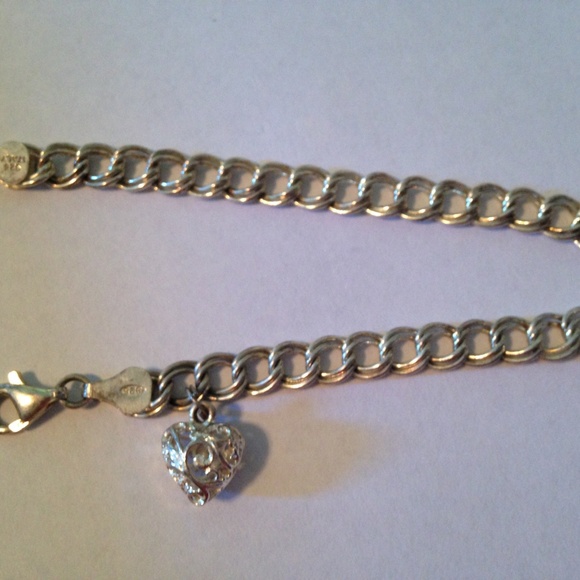Sterling Silver Charm Bracelet with Hanging Filigree Heart Charm - Picture 2 of 2